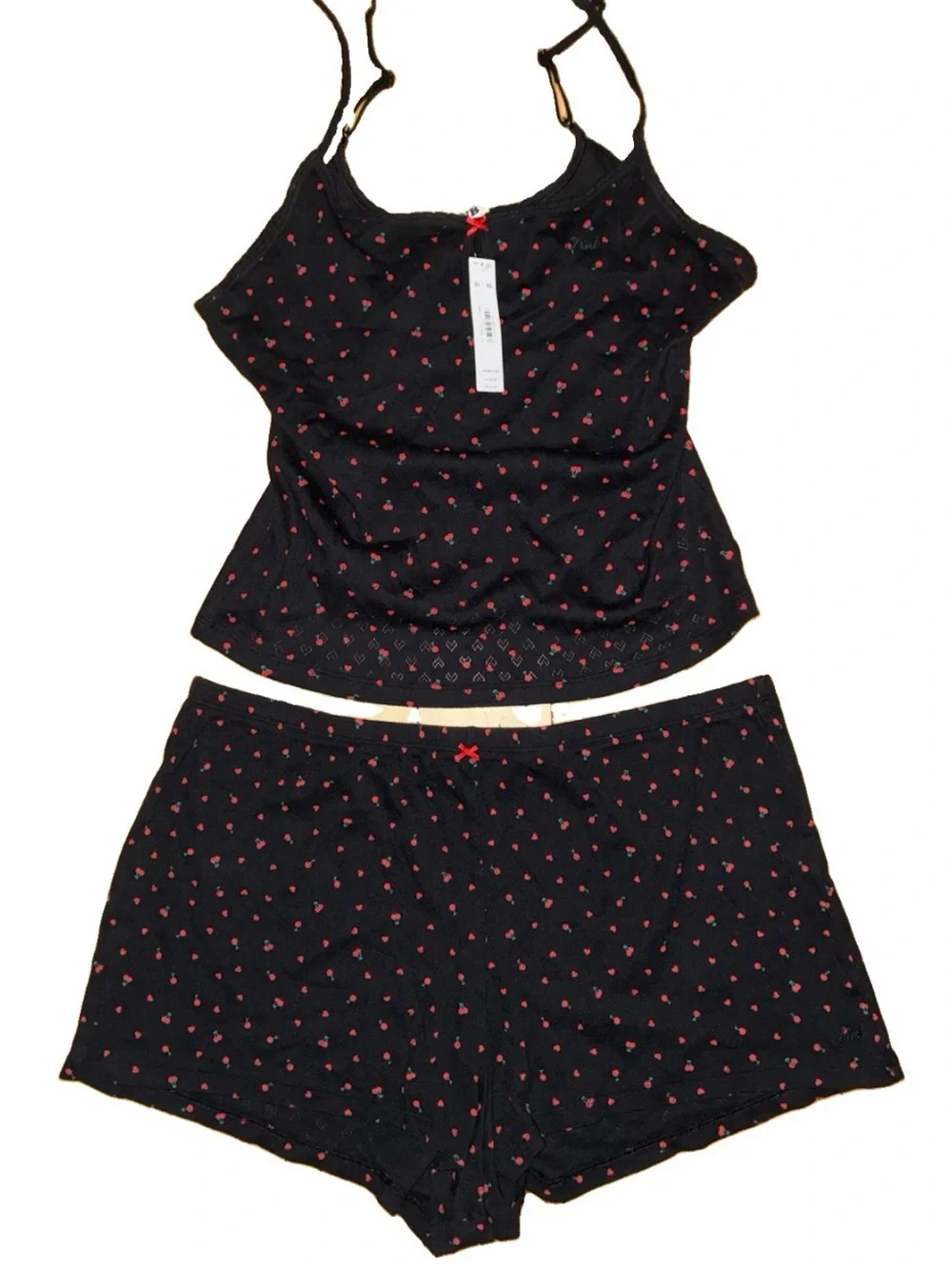 PINK Victoria's Secret Black Cami & Short Sleep Set with Red Heart Print